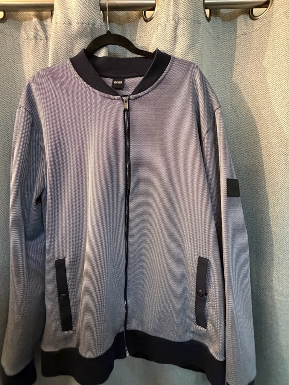 BOSS Men's Light Gray Bomber Zip-Up Sweater with Navy Trim